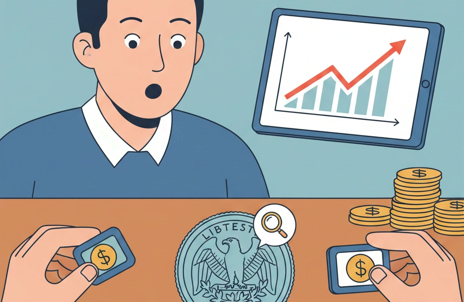 A surprised expression as a coin error is revealed on a desk