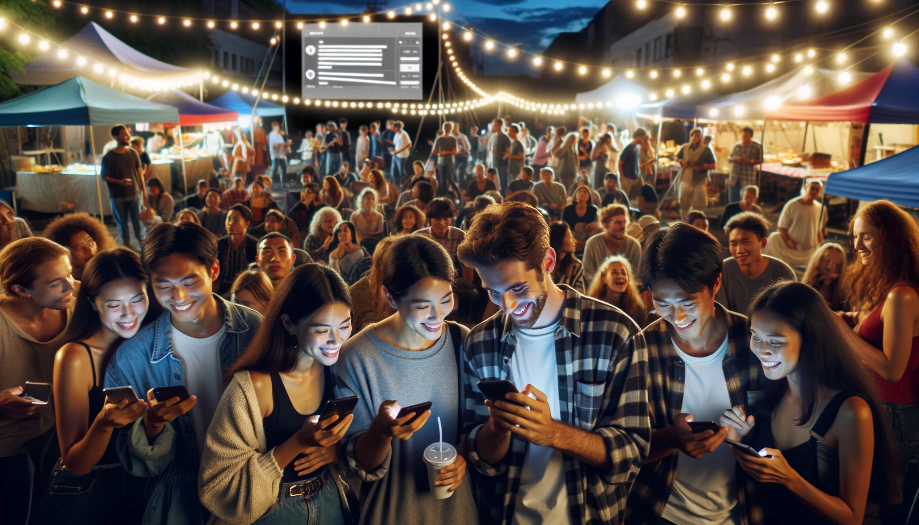 a group of film enthusiasts using location tracking apps at an outdoor film event