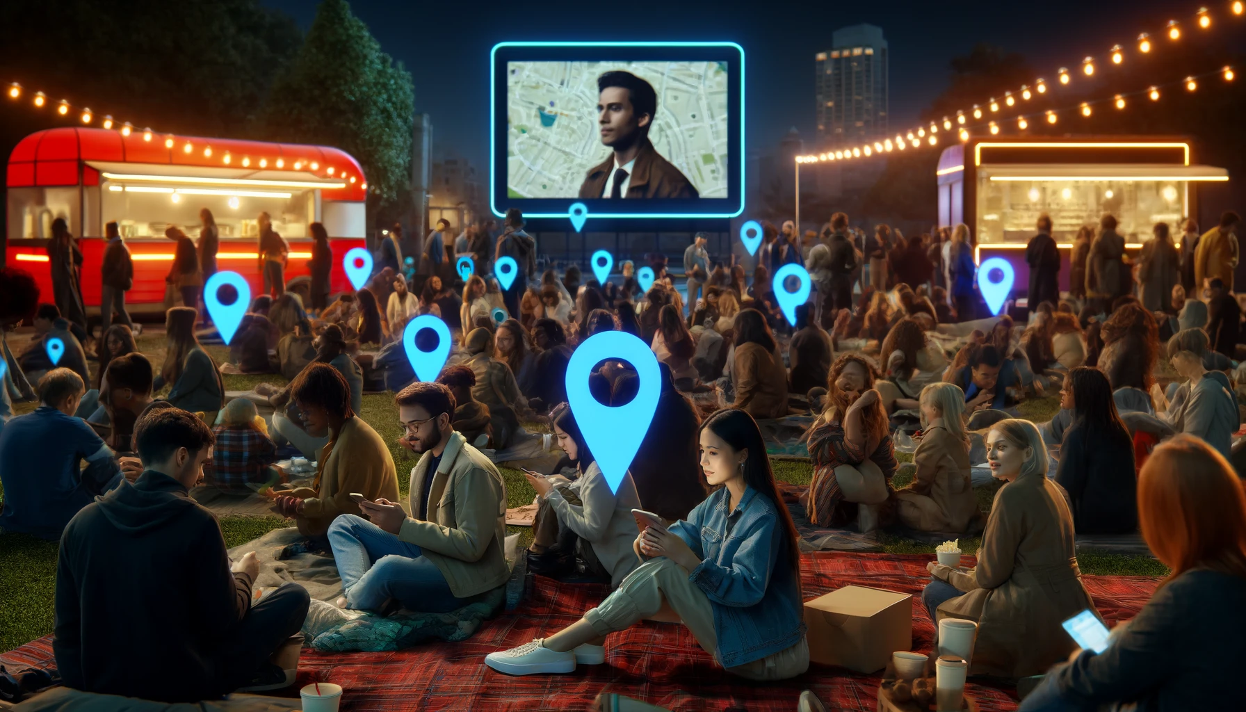 a modern cinematic gathering where film enthusiasts use location tracking apps at an urban park event