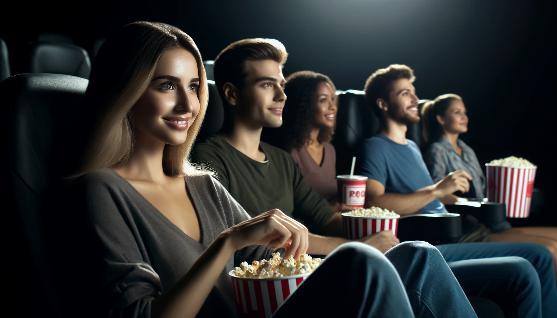 a young woman with her friends watching a movie in a cinema