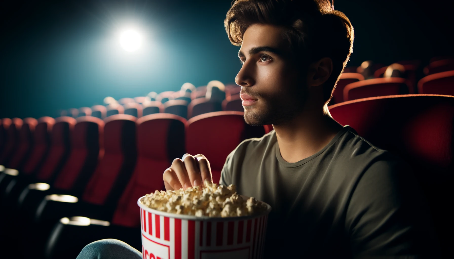 a young man watching a movie and eating popcorn at the cinema