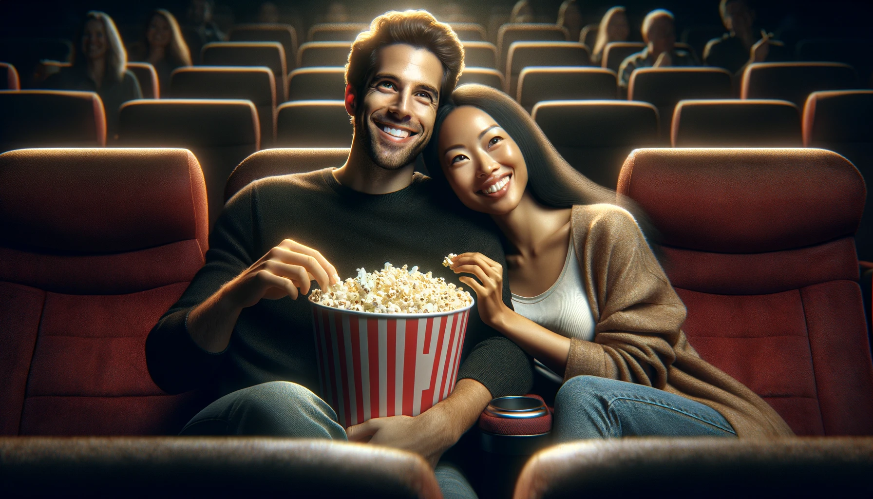 a happy couple enjoying a movie in a cinema, complete with popcorn and smiles
