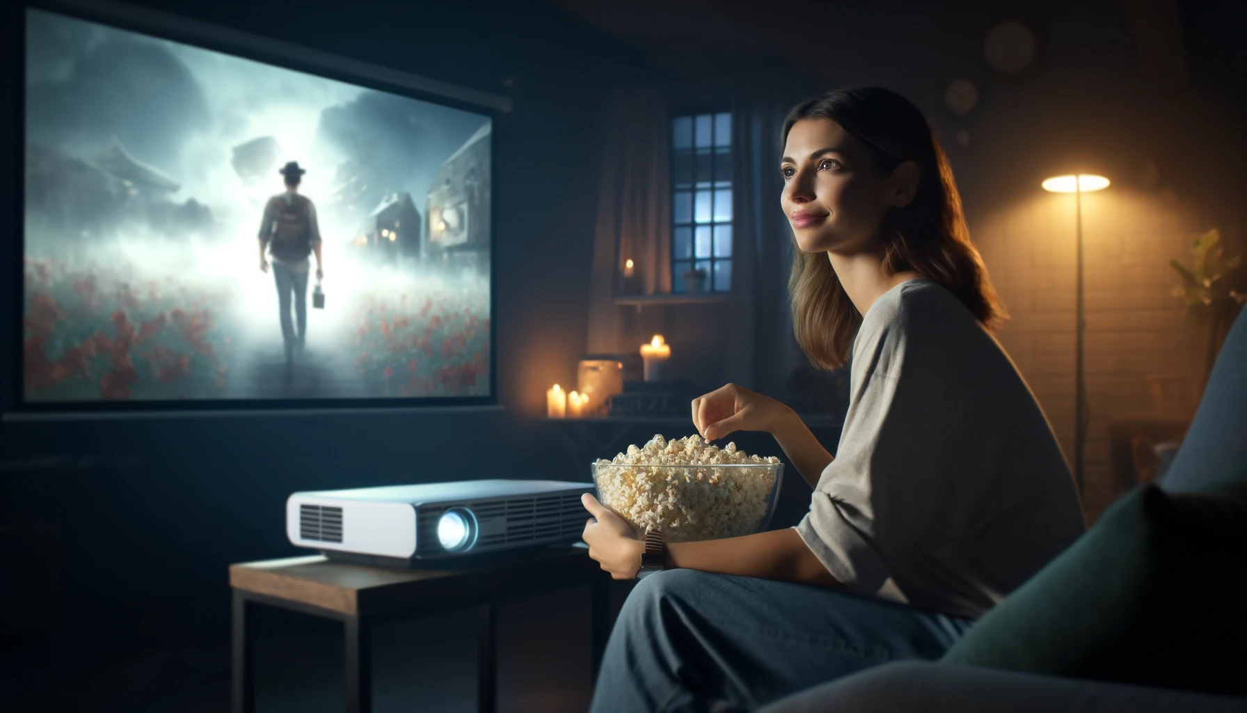 young woman watching a movie at home in the evening, enjoying popcorn