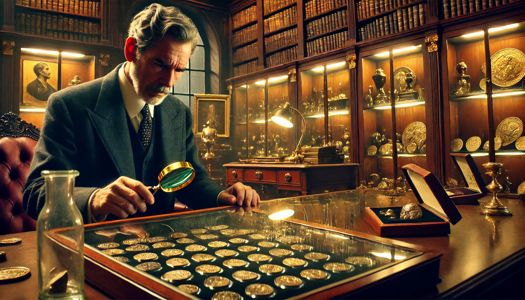 The collector is examining a coin with a magnifying glass. The collector, an older man in a suit, has a serious expression as he inspects the rare piece.