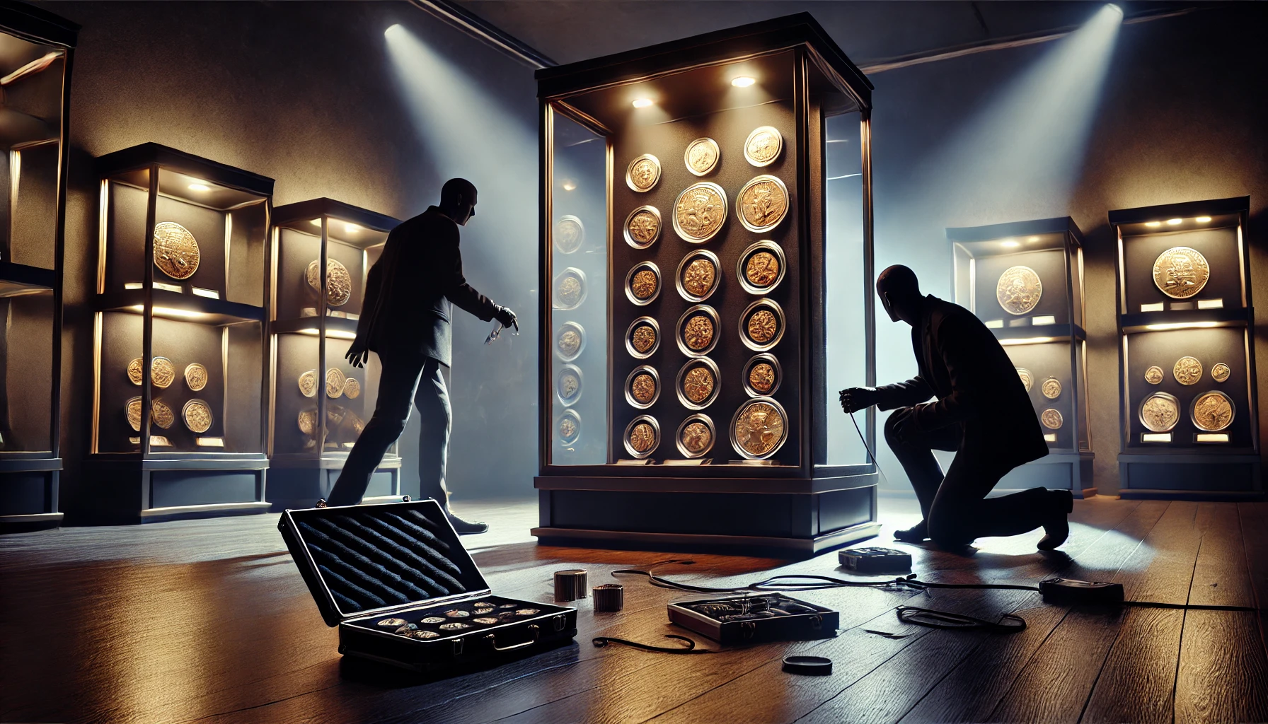 a high-stakes coin heist, showing a dimly lit room with a display case containing rare coins. The coins are illuminated under soft lights as two figures in black suits and gloves carefully prepare tools to break into the case.