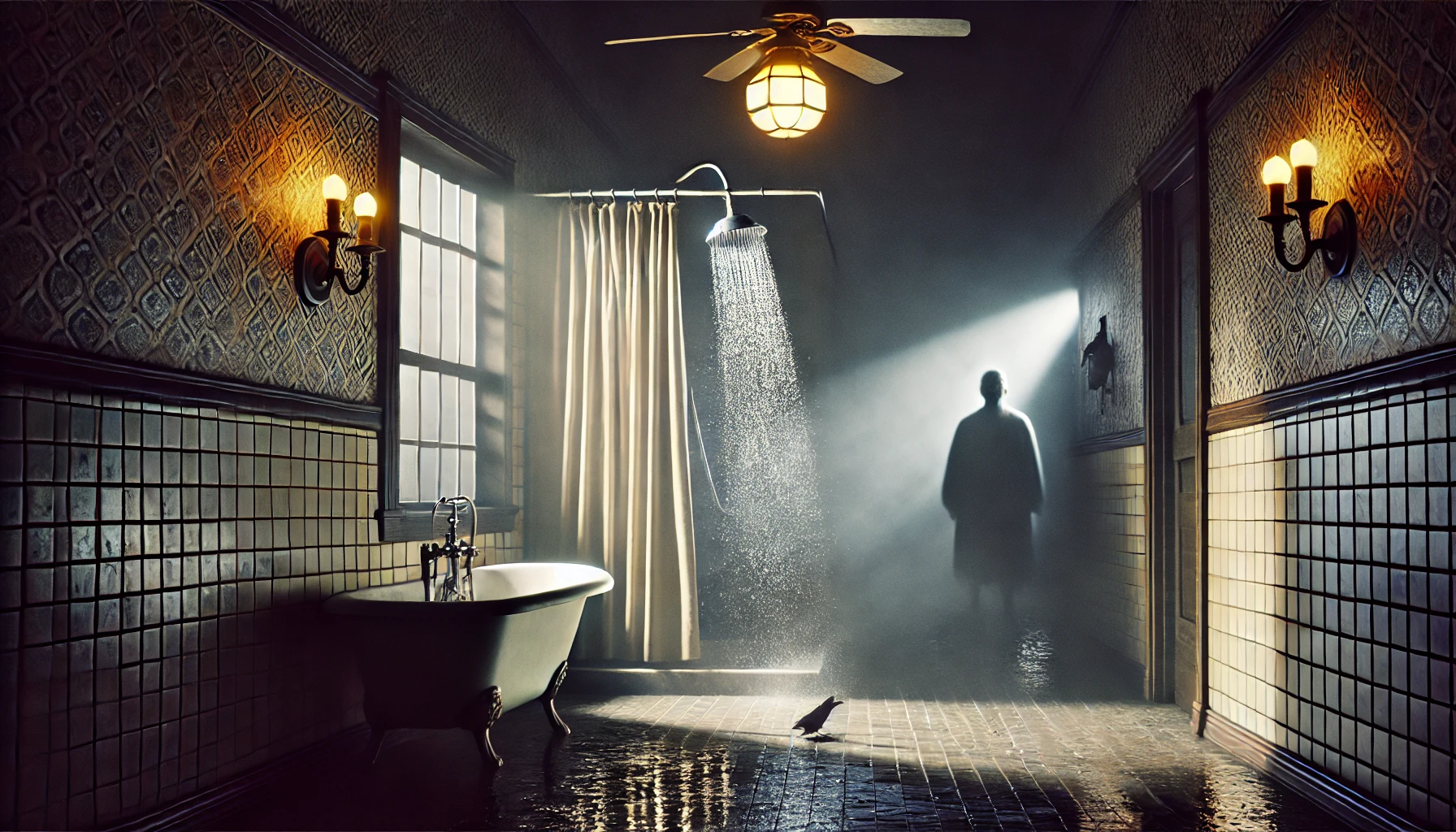 A photorealistic scene inspired by Alfred Hitchcock’s Psycho, focusing on the iconic shower scene's cultural impact.