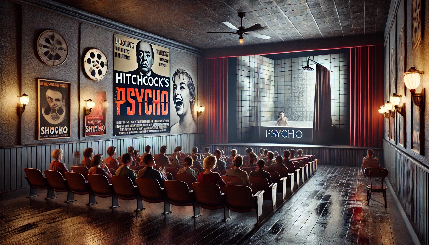 a dimly lit vintage movie theater with a large poster of the shower scene