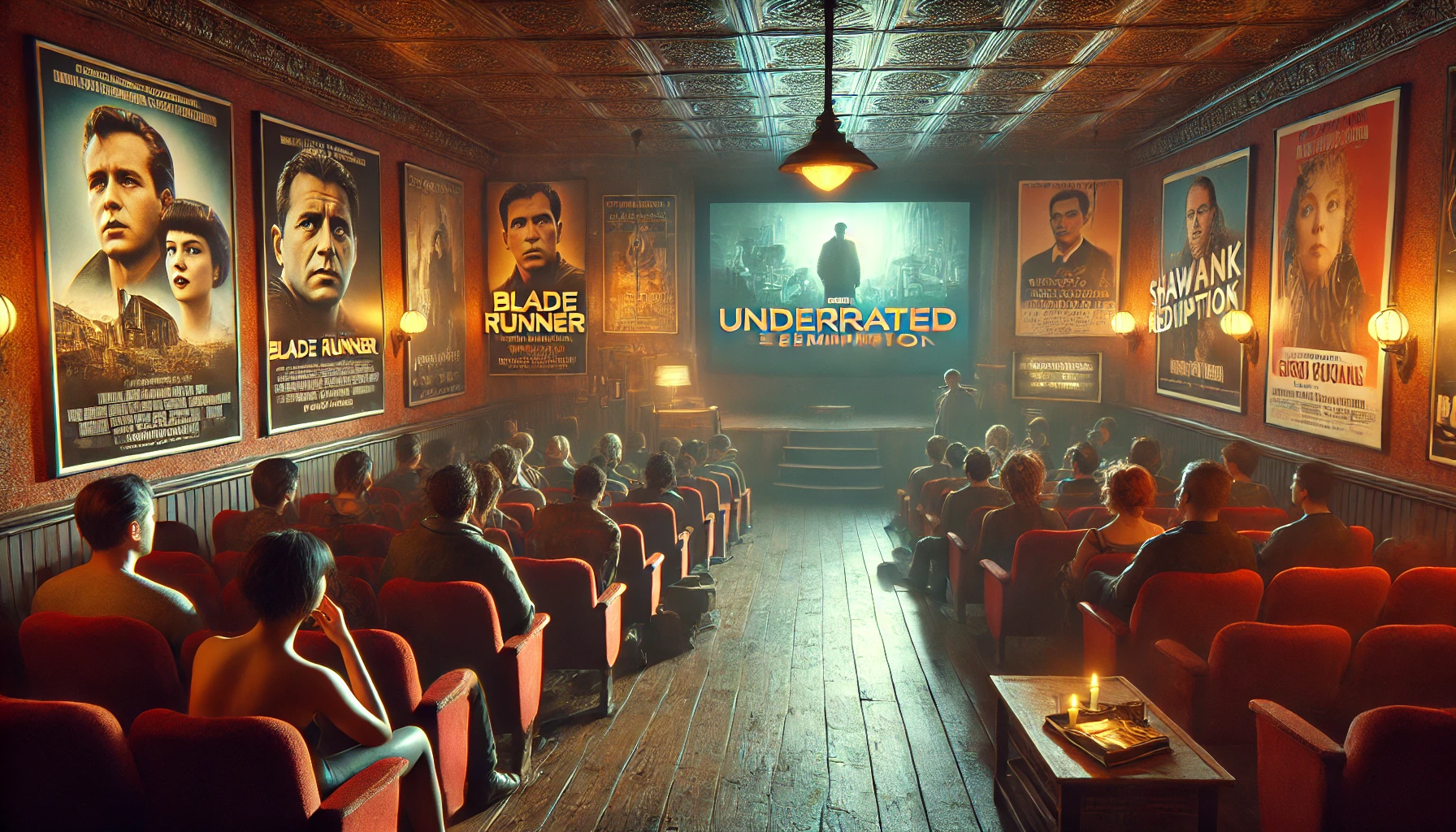 a cozy, vintage cinema with a small audience watching an underrated classic film.