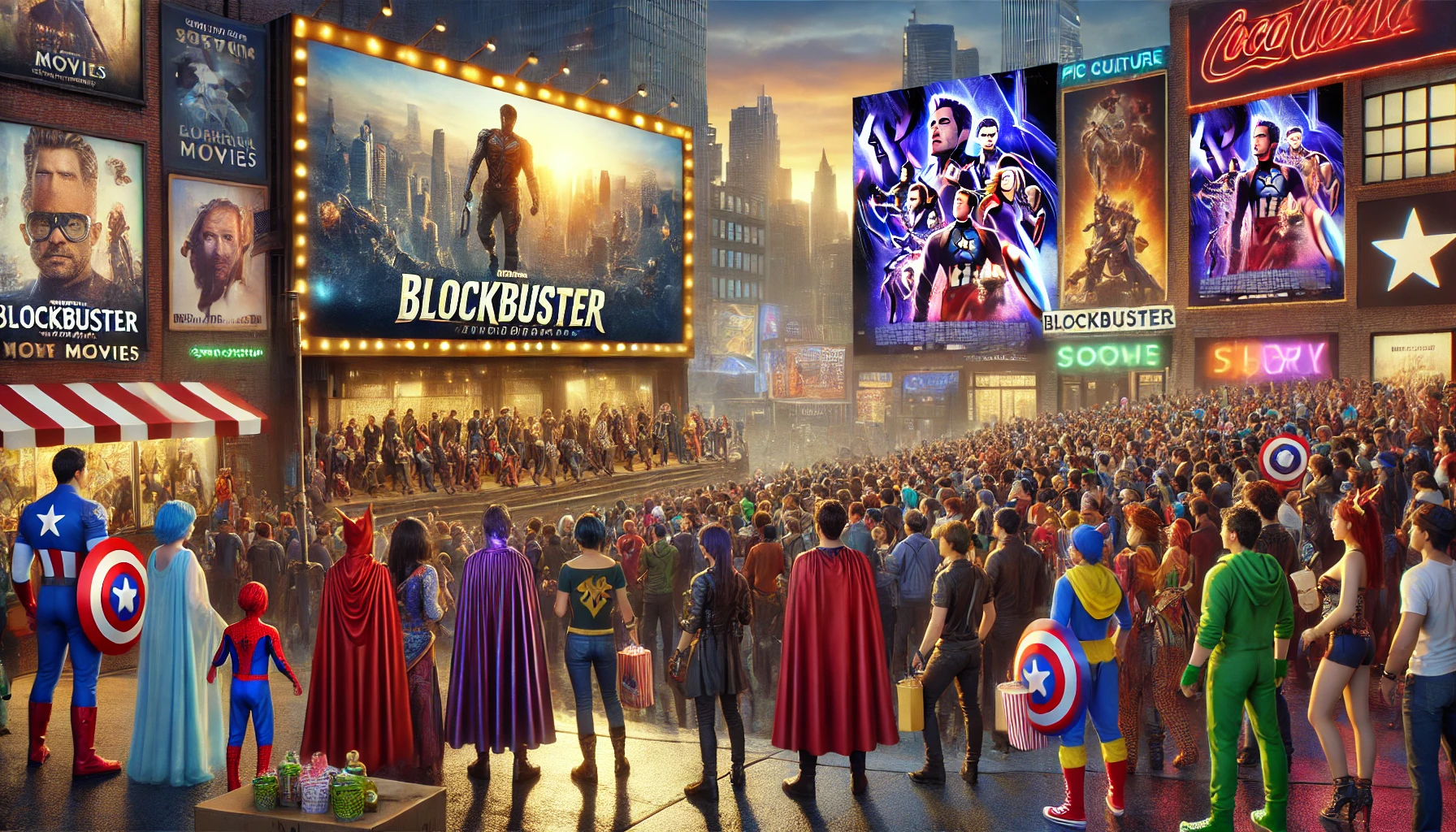 the cultural influence of blockbuster movies, featuring fans dressed in iconic costumes, a lively cityscape with movie-inspired billboards, and a bustling scene of pop culture engagement.