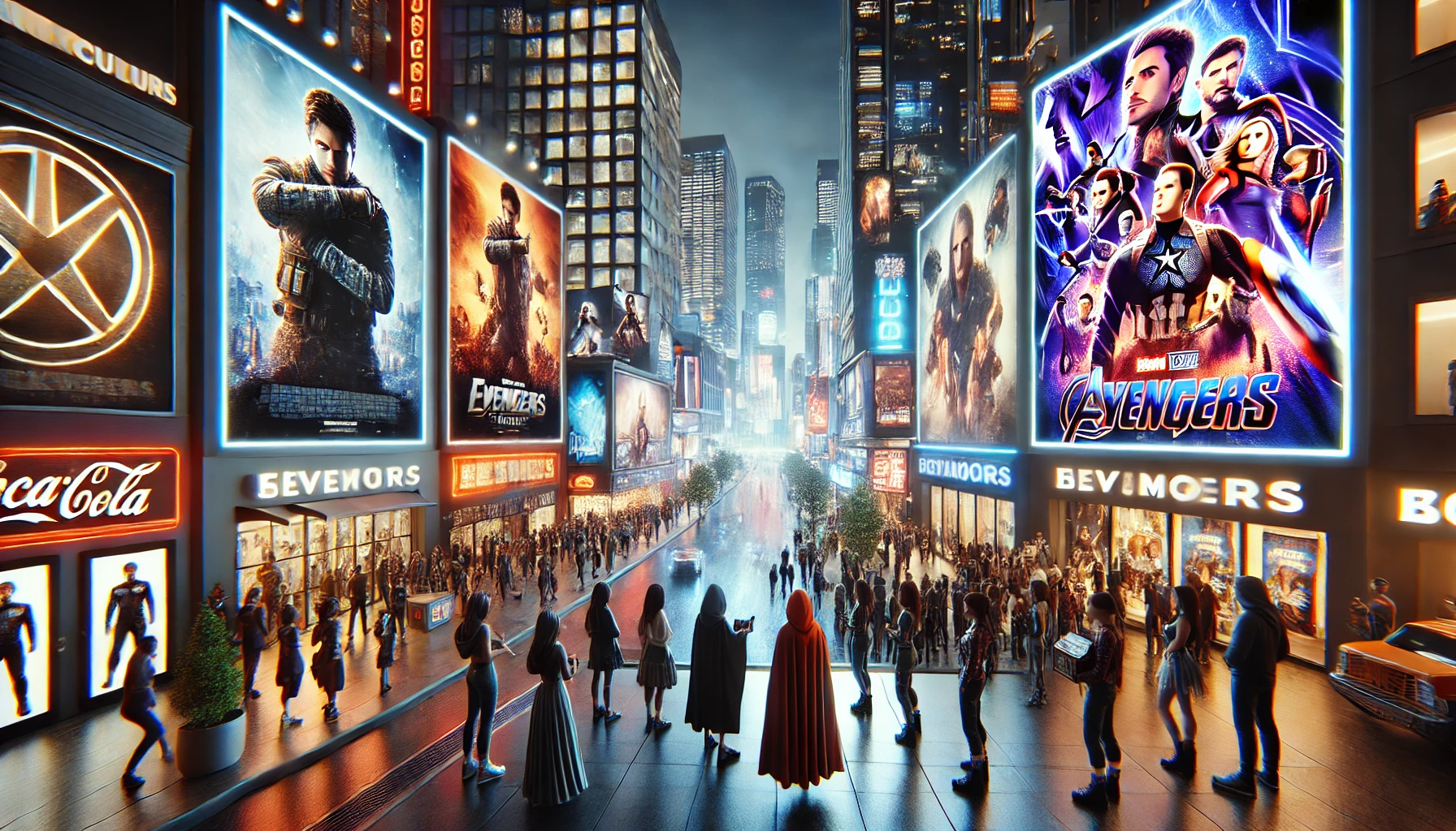 a cityscape filled with the cultural influence of blockbuster movies.