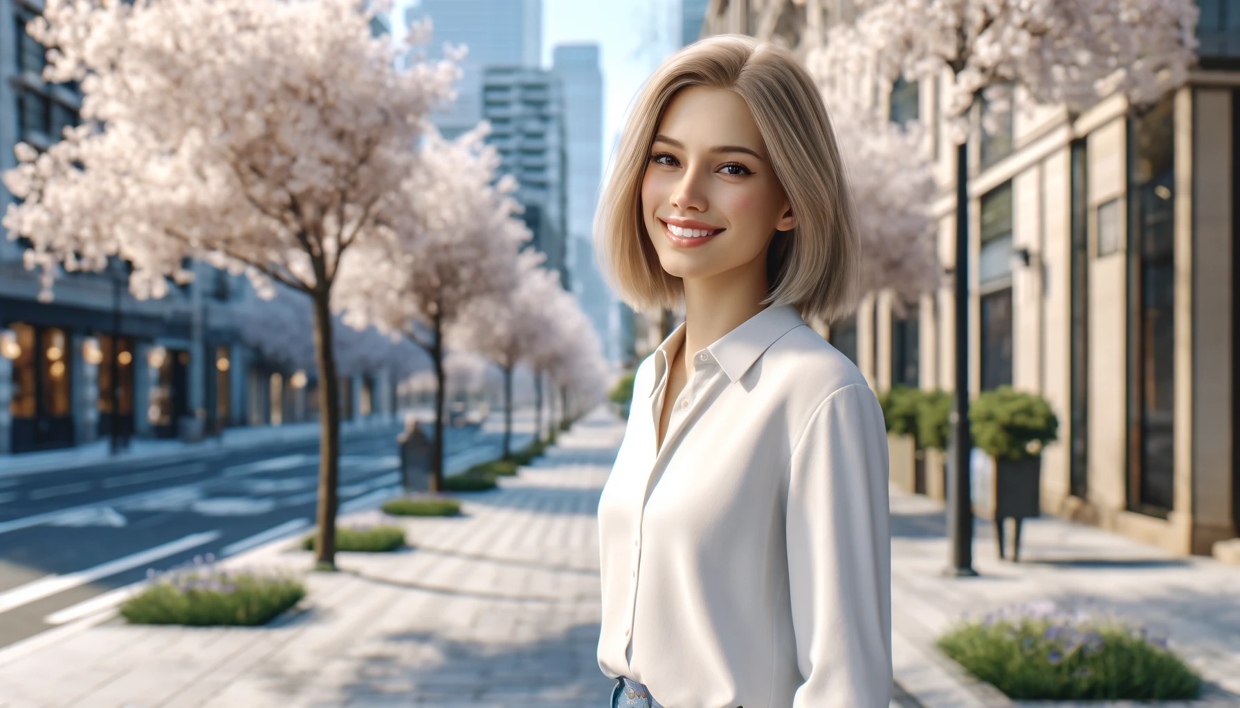 a smiling woman standing on a city street lined with trees in blossom. The woman has fair skin, short straight blonde hair, dressed in a casual white blouse and blue jeans.