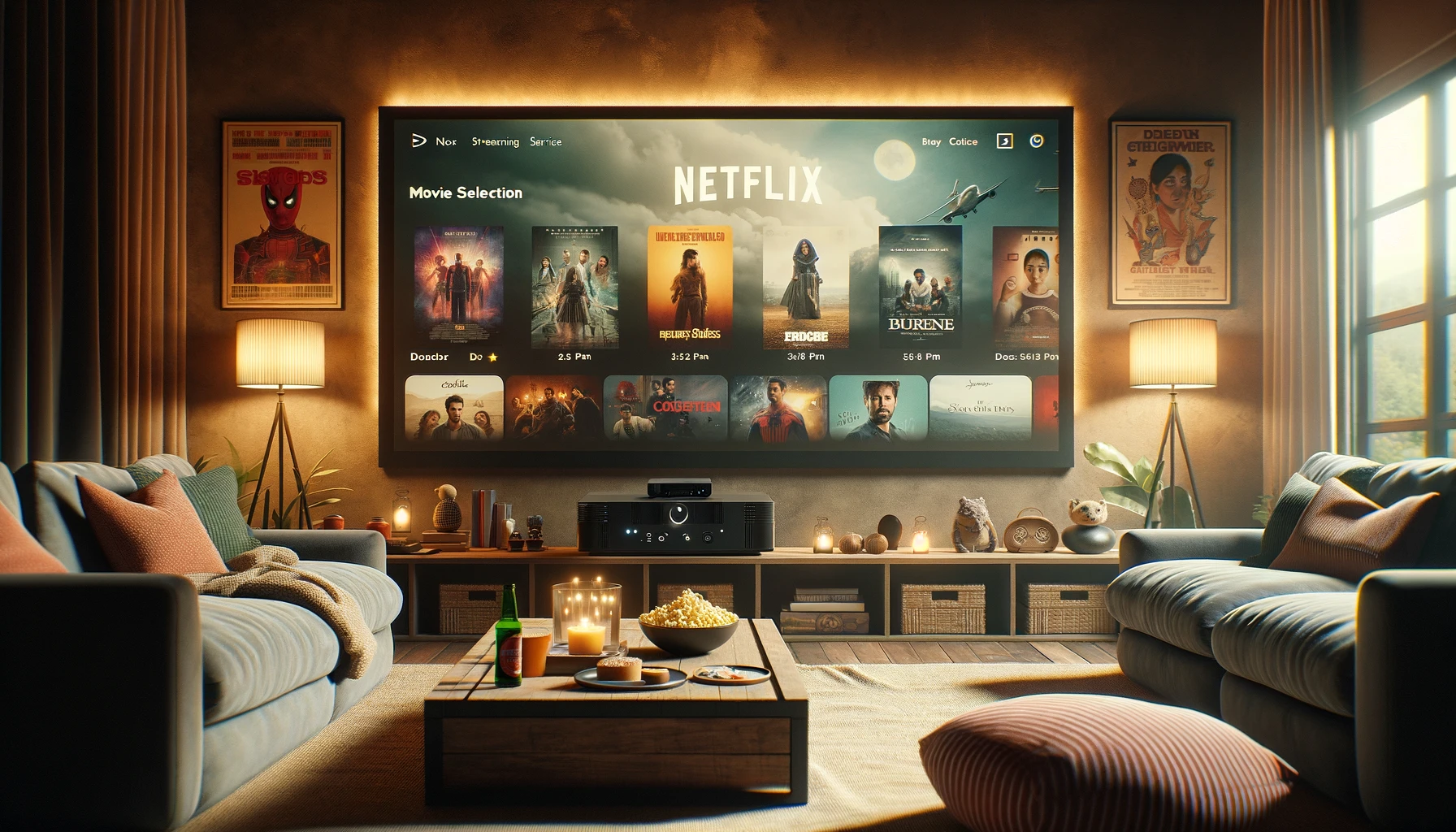 A cozy home cinema setup featuring a projector screen displaying a popular streaming service's movie selection.