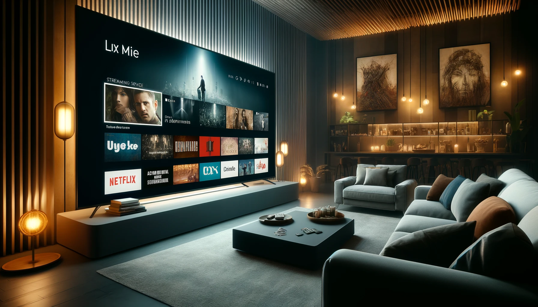 A modern living room with a large flat-screen TV displaying a streaming service interface, showcasing a variety of international films.