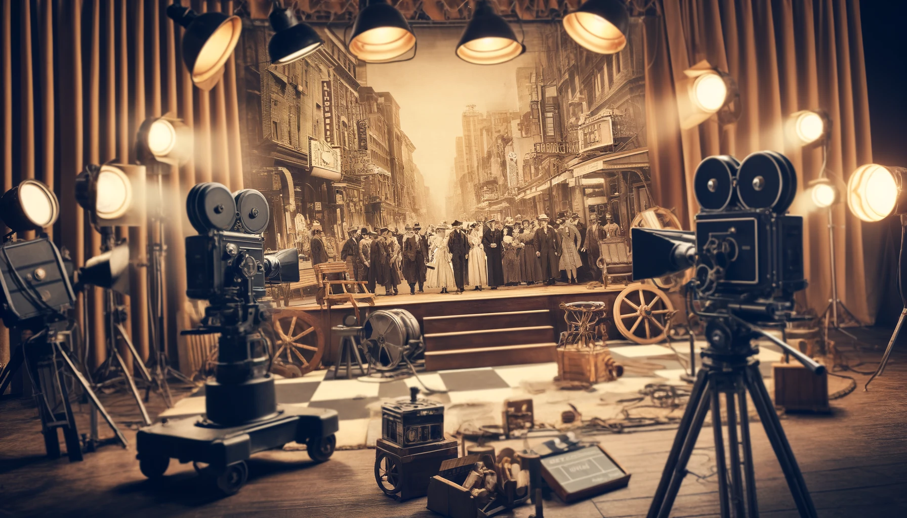 A vintage movie set from the 1950s depicting a bustling film studio scene during the Golden Age of Cinema.