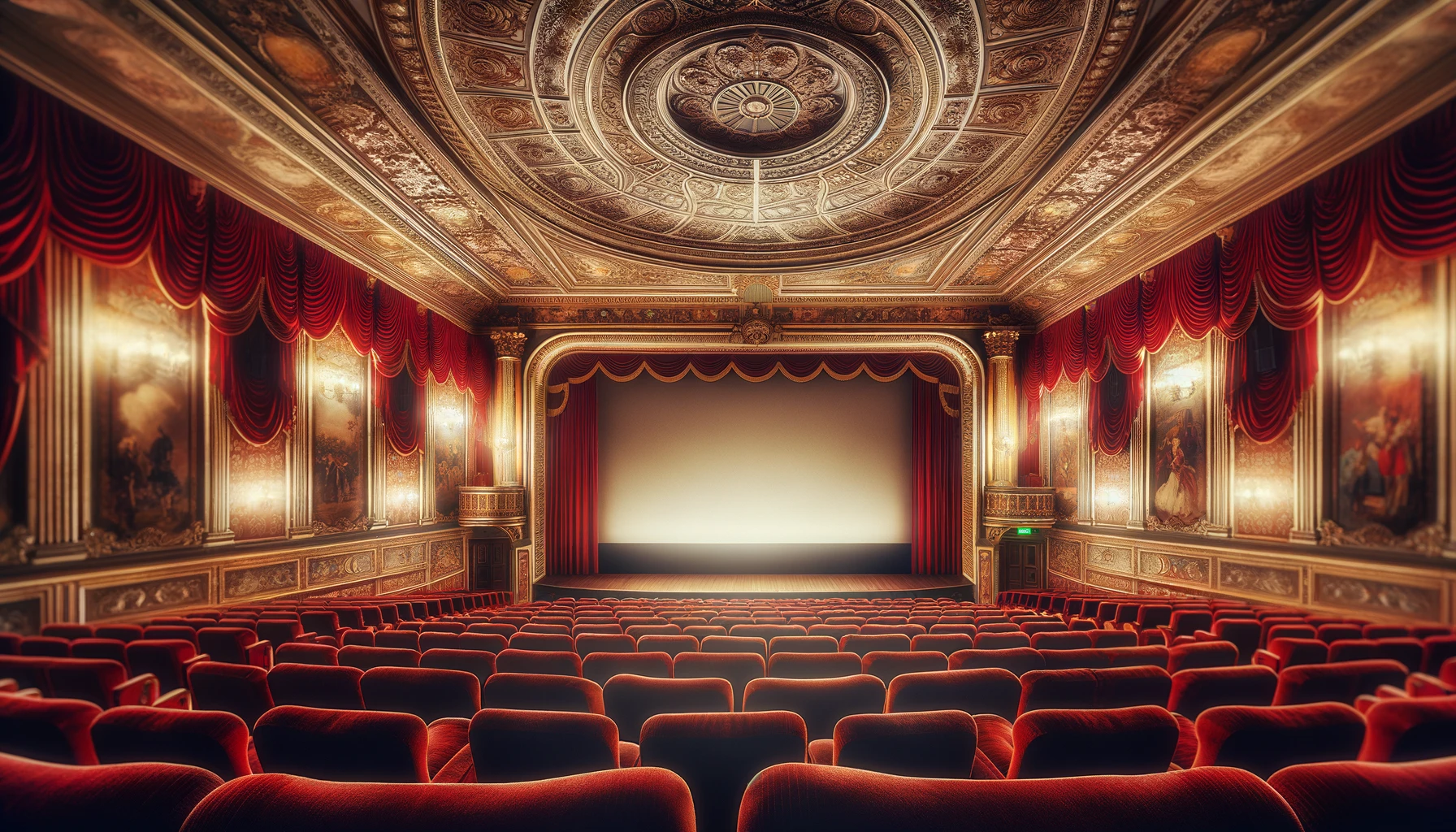 A classic cinema hall from the 1940s, filled with ornate decorations and plush red velvet seats.