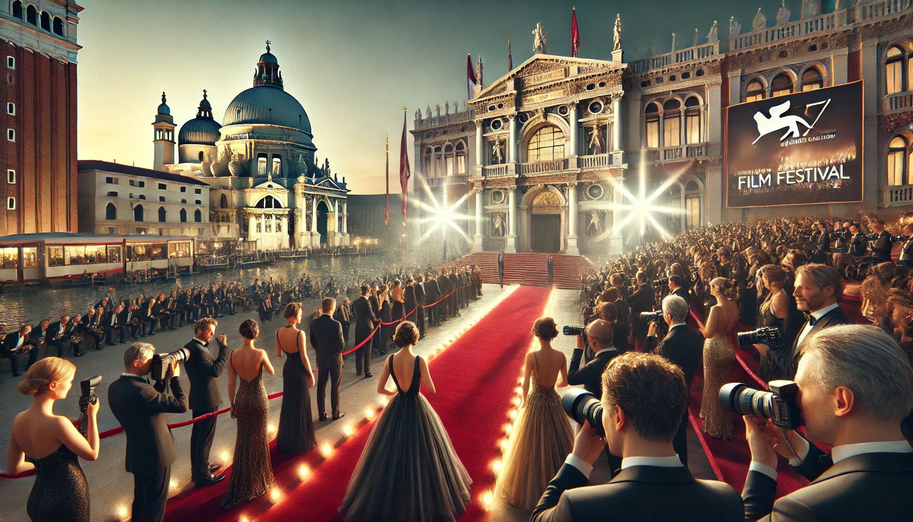 The Venice Film Festival scene features a glamorous red carpet event with elegantly dressed attendees, photographers capturing moments, and the iconic Palazzo del Cinema in the background under a clear evening sky, highlighting the excitement and prestige of the festival.