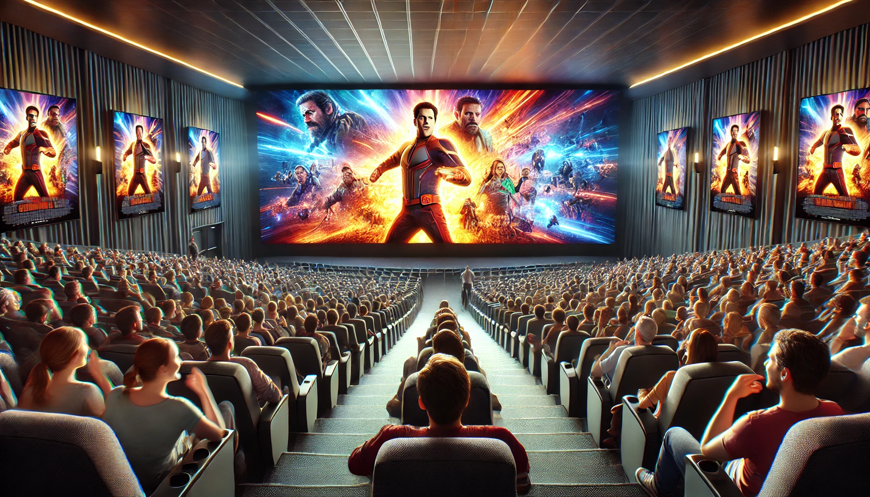 a dynamic movie theater scene with an excited audience watching a blockbuster movie on a large screen.