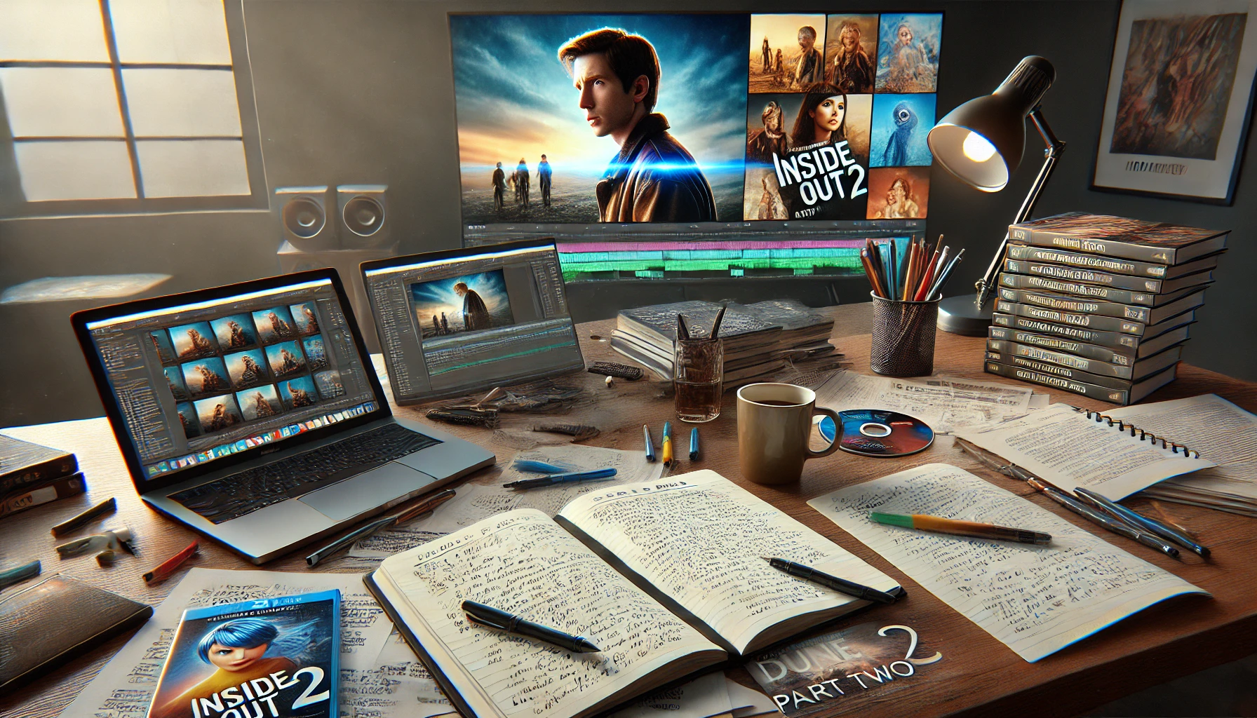 a cluttered desk with film review materials spread out, including open notebooks with handwritten notes, printed movie posters, and a laptop displaying a paused video review of a movie.