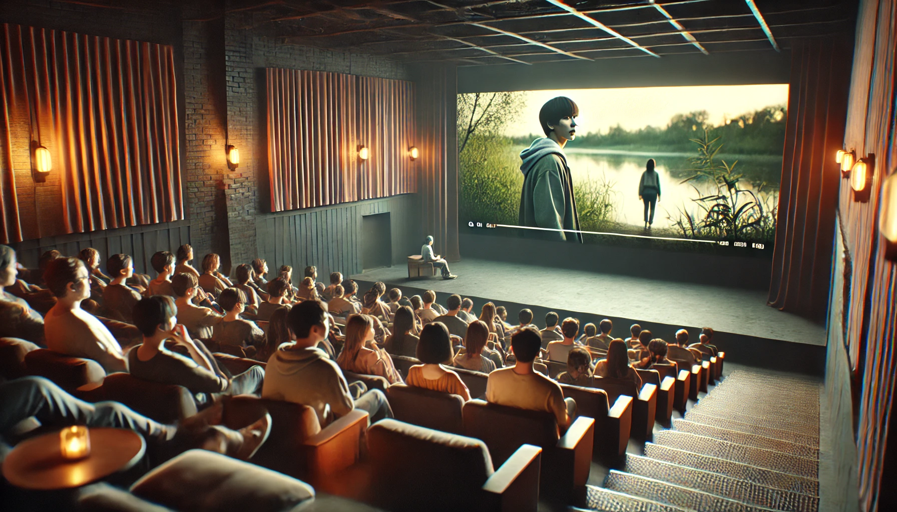 an independent movie screening in a cozy, intimate theater. The setting includes a small group of diverse film enthusiasts watching a unique indie film on a smaller screen.