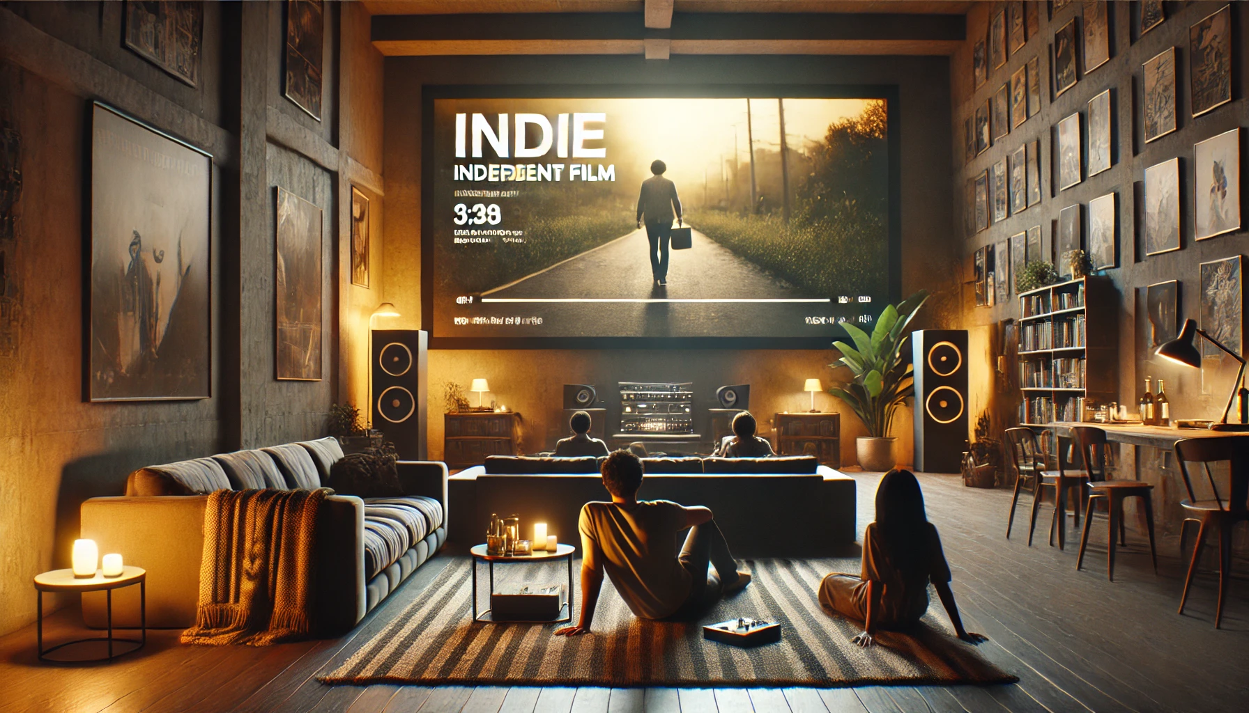 a home cinema setup with a large screen displaying an independent film. The room is cozy with dim lighting, a comfortable couch, and a few people sitting, immersed in watching the movie.