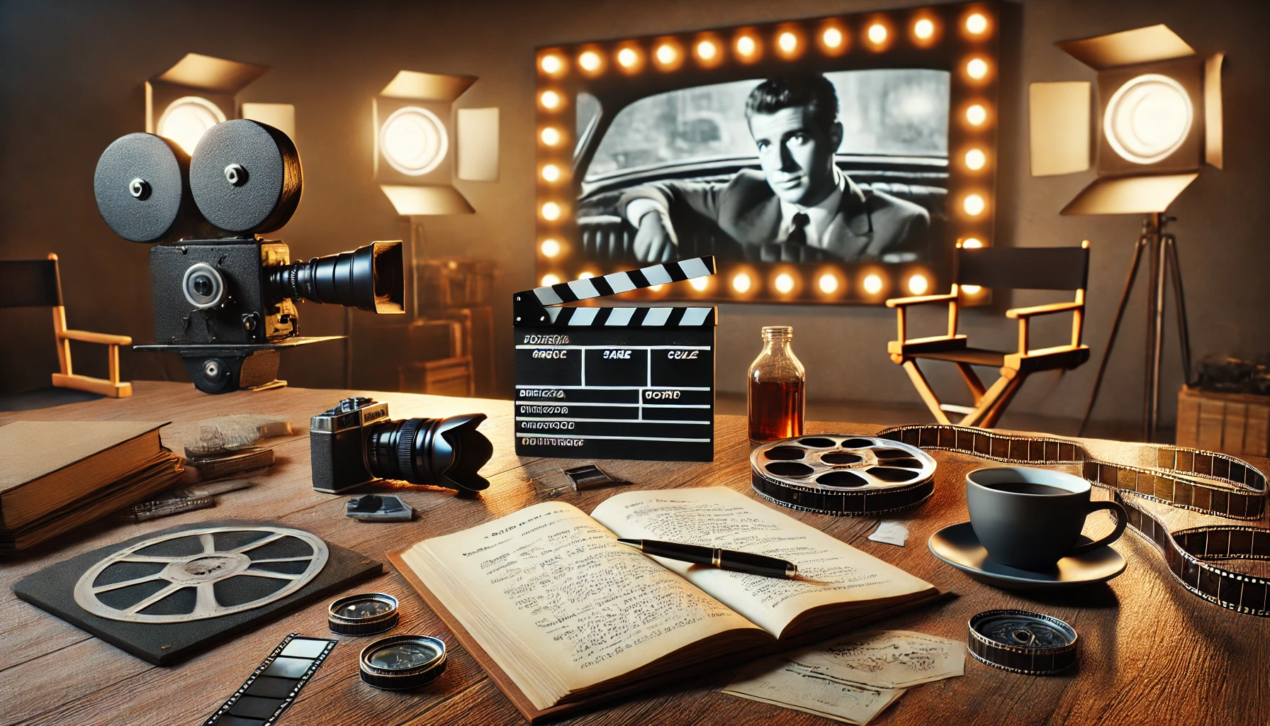 a close-up of an open movie script on a wooden desk, surrounded by film-related items such as a director's clapboard, a camera lens, and a coffee cup.