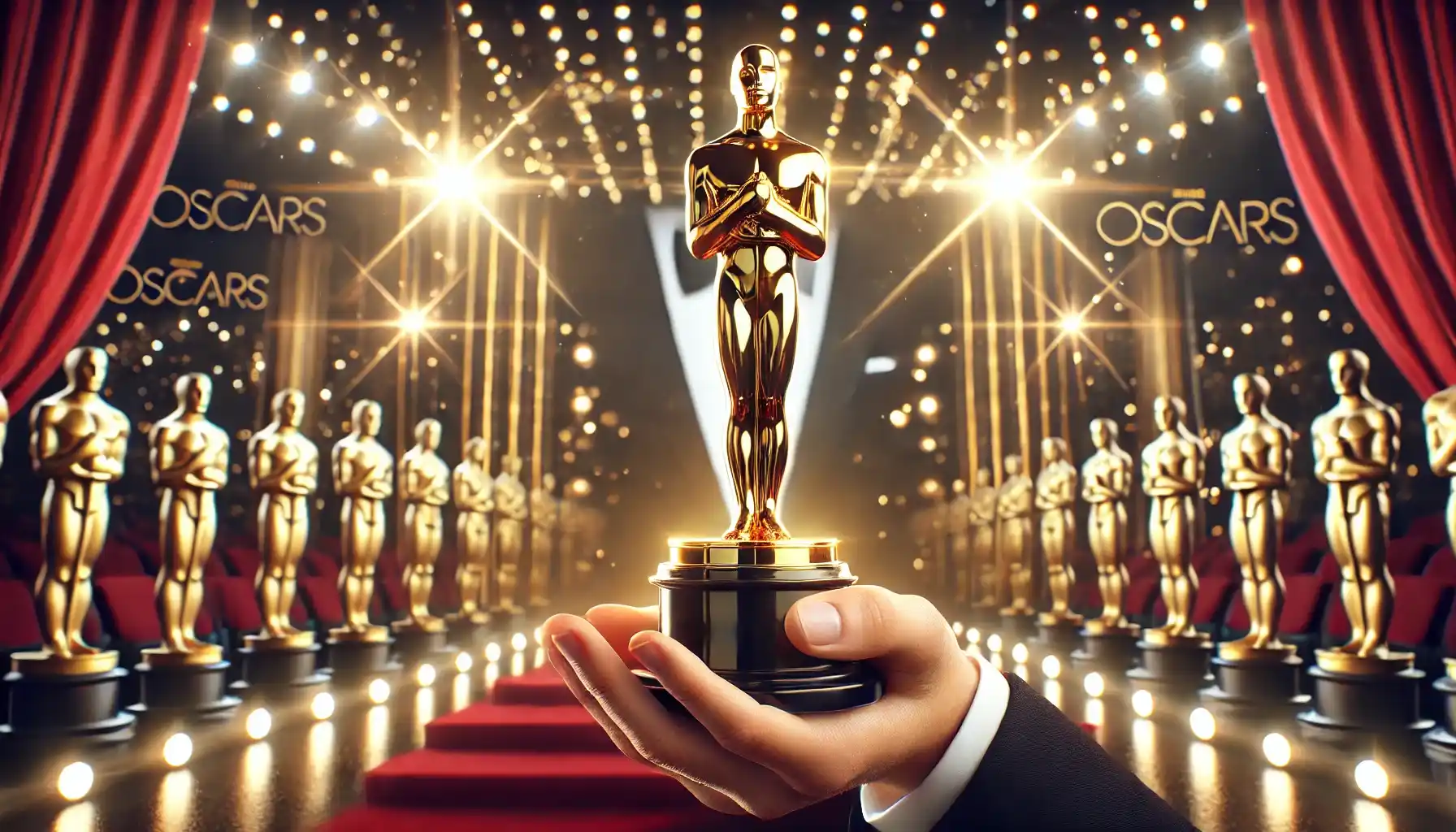 an Oscar award being held up by a person in an elegant black tuxedo.