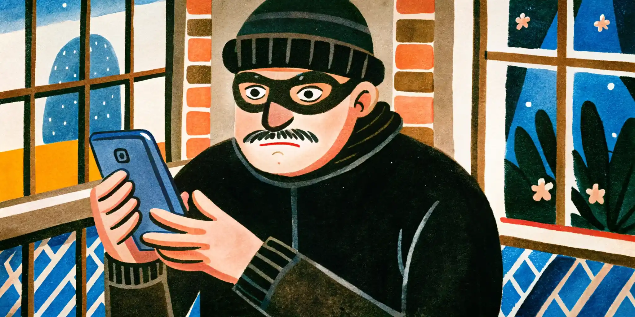 the scammer in black looks at his phone