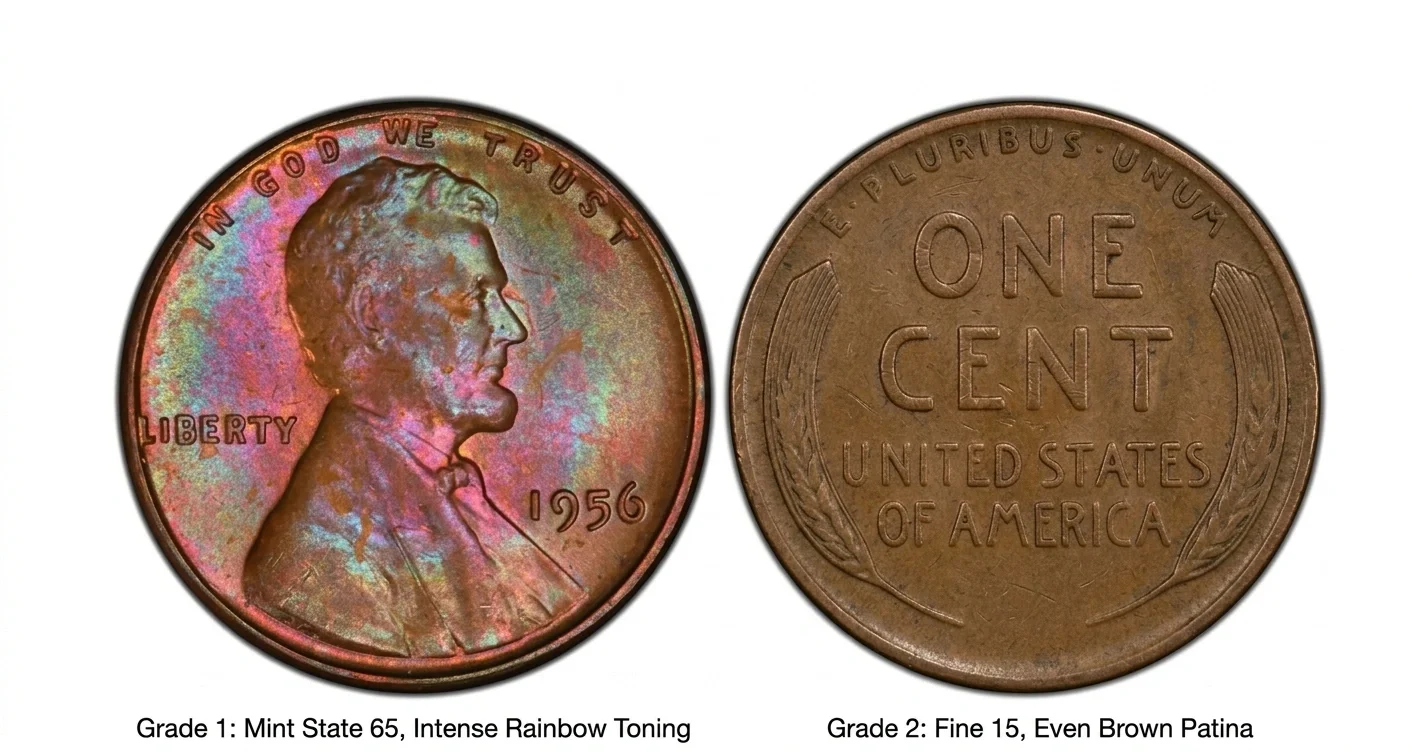 Two 1956 wheat pennies side by side for comparison